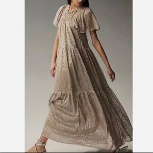 Anthropologie Elegant Silver ruffled warm metallic Maxi Dress